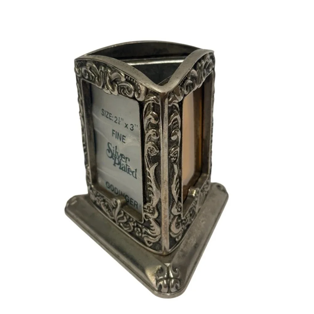Vintage Godinger 1991 Silver Plated Triangular 3 Photo Frame Pen Flower Holder